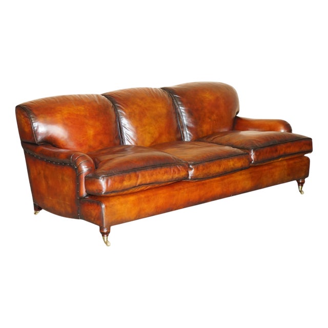 1 of 4 Hand Dyed Brown Leather Howards & Son Style Sofa Part of Suite For Sale