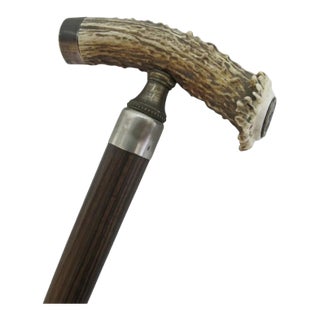 German Stag Antler Handle Walking Tippling Stick Cane With Hidden Cork Screw For Sale