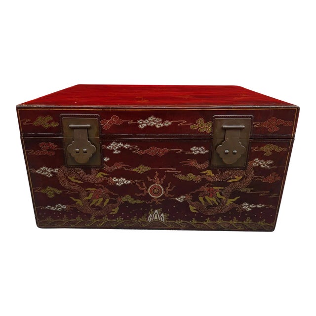 Late 19th Century Chinese Hand-Painted Vellum Leather Trunk For Sale
