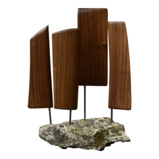 Vintage Teak Articulating Sails Sculpture With Rock Base by Paul Bechtold, Circa Mid 20th Century For Sale