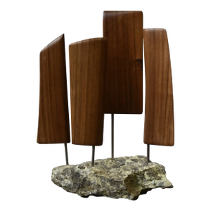 Vintage Teak Articulating Sails Sculpture With Rock Base by Paul Bechtold, Circa Mid 20th Century