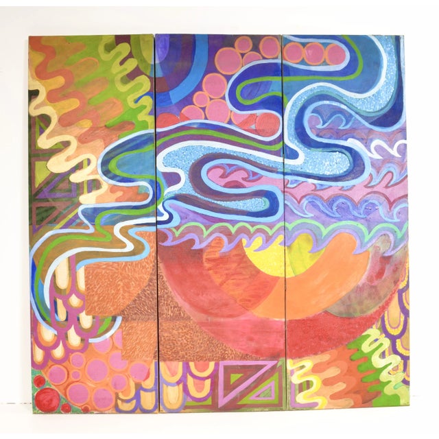 A remarkable work of fantastical swirls and shapes in vibrant colors, this continuous psychedelic artwork is on canvas...