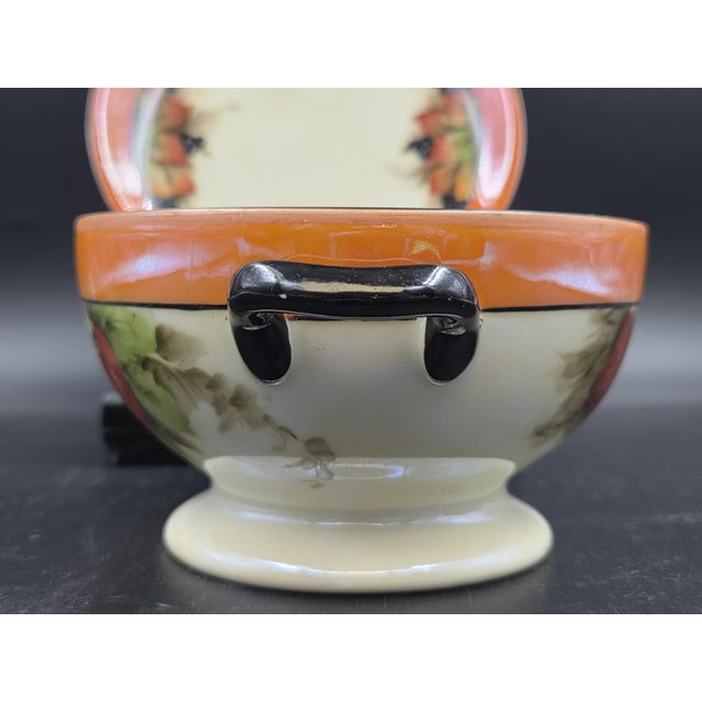 Antique Bavarian Porcelain Bouillon Bowl & Saucer, Hand-Painted Strawberry Motif, Double-Signed Set, Opalescent Lustre, l.d. Bloch & Co. Bavaria For Sale - Image 4 of 18