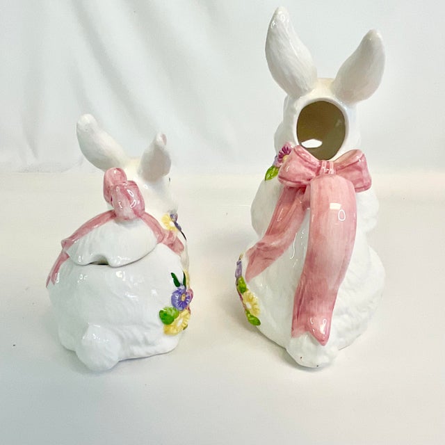 Mid 20th Century Mid-Century Trompe L’Oeil Hollywood Regency Majolica Bunny Creamer and Sugar Bowl - A Pair, Easter For Sale - Image 5 of 11