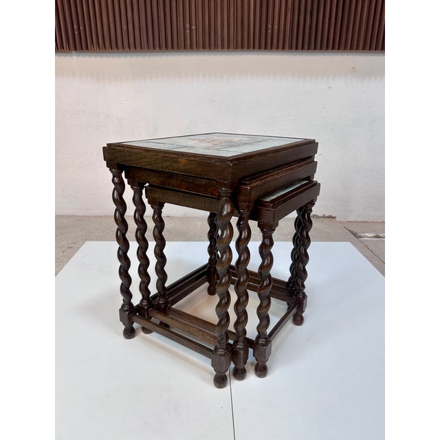 Nesting Tables with Hand-Painted Ceramic Tiles and Barley Twist Legs, Sweden, 1930s, Set of 3 For Sale - Image 9 of 18
