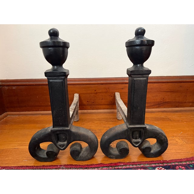 Black Vintage Black Wrought Iron Andirons With Urn Finials, a Pair For Sale - Image 8 of 8