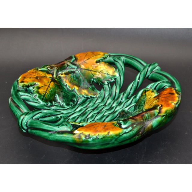 Vallauris France Glazed Woven Ceramic Basket Dark Green Fall Motif Pottery 70 For Sale In Miami - Image 6 of 12