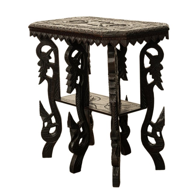 Antique Carved Anglo Indian Teak Wood Elephant Twin Tier Lamp Side Table 1900 For Sale - Image 12 of 17