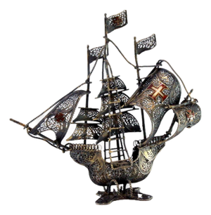 Silver Filigree Caravel with Flags and Maltese Crosses Sails
