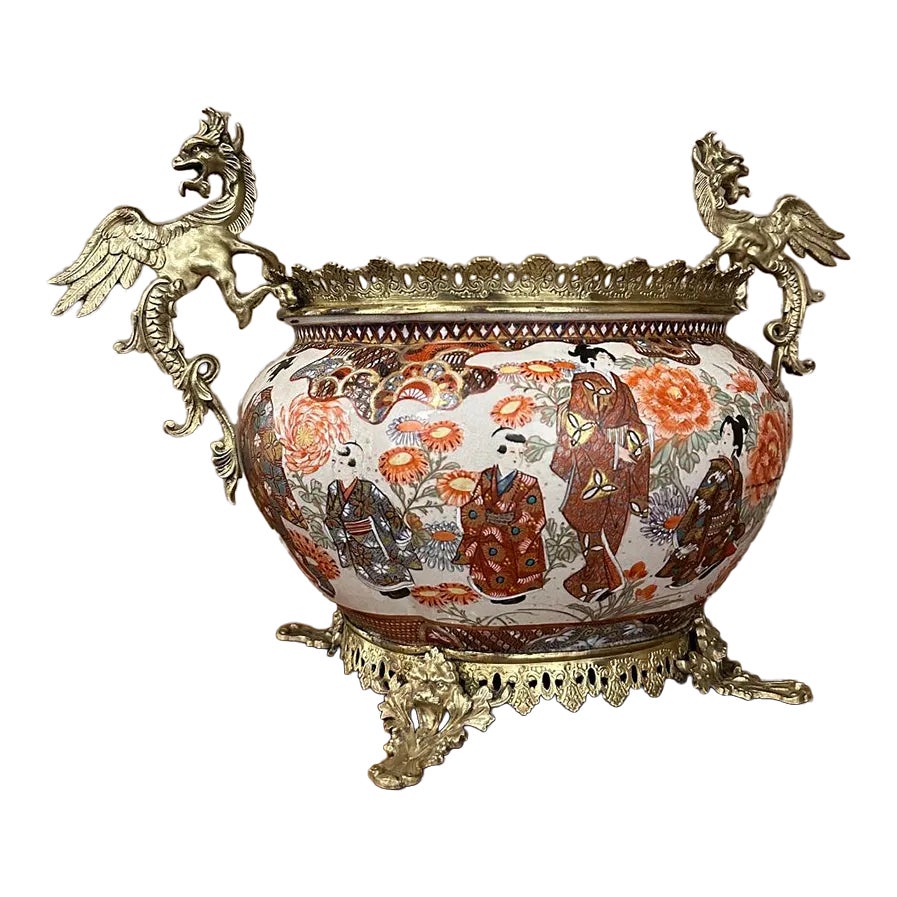 19th Century Japanese Satsuma Vase Jardiniere With Bronze Mounts