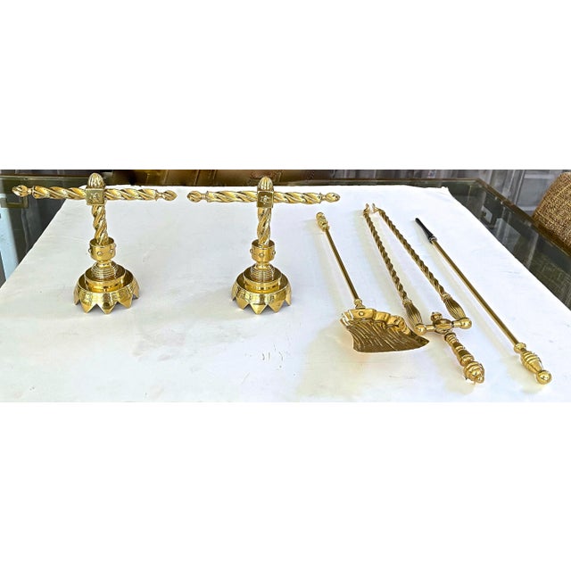Late 20th Century Aesthetic English Brass Fireplace Andiron Set - 5 Pieces For Sale - Image 13 of 13