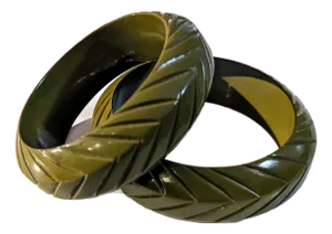 Vintage Olive Green Incised Linear Pattern Acrylic Bangles - A Pair