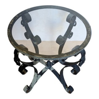 Vintage Distressed Wrought Iron & Glass Garden Side Table For Sale