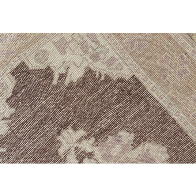 Brown Background Vintage Turkish Oushak Runner With Medallions in Cream & Ivory For Sale In Atlanta - Image 6 of 12