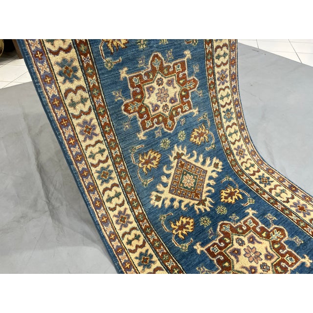 Blue and Beige Kazak-Style Wool Runner Rug, Natural Dyes, 2'8