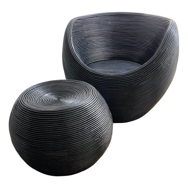 Black Rattan Armchair & Ottoman, Set of 2 For Sale