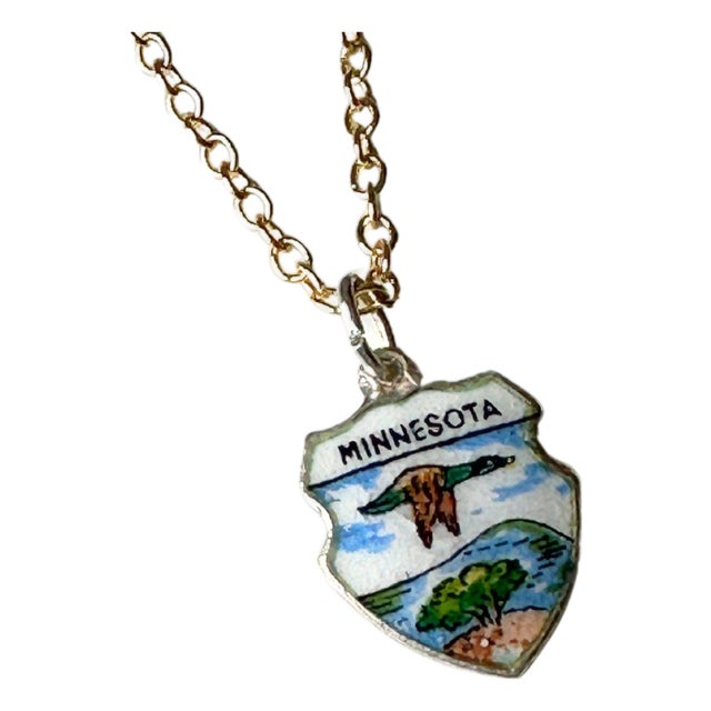 Minnesota Vintage Fritz Reu Sterling Silver Enamel Charm on New 18 Inch Gold Filled Necklace For Sale