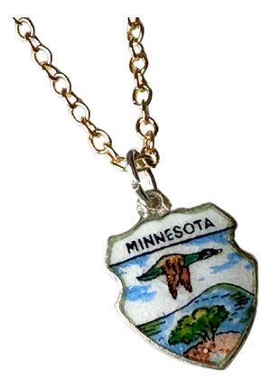 Minnesota Vintage Fritz Reu Sterling Silver Enamel Charm on New 18 Inch Gold Filled Necklace