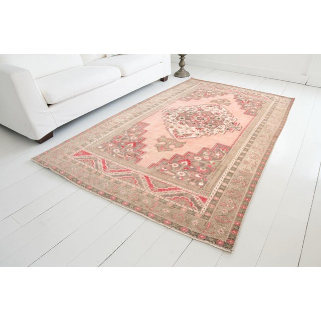 Turkish Vintage Turkish Area Rug, 9'9" X 5'4" Hand-Knotted Floral Oushak Carpet, Soft Pink and Taupe Decorative Wool and Cotton Blend Rug For Sale - Image 3 of 9