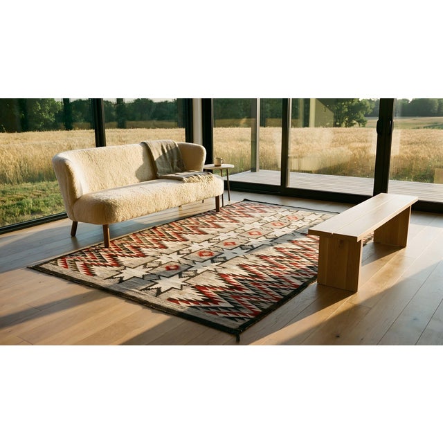 1920s Gray Geometric Antique American Navajo Carpet 3'8" X 5'10" Flatweave Wool Rug For Sale - Image 11 of 12