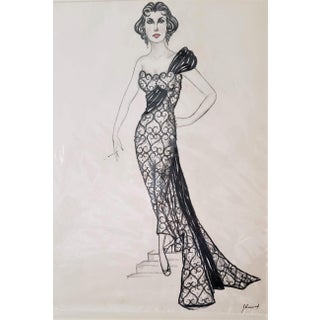 1958 Large Mid-Century Original French Fashion Drawing in Watercolor, Matted For Sale