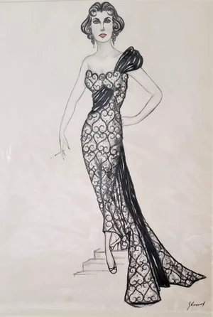 1958 Large Mid-Century Original French Fashion Drawing in Watercolor, Matted