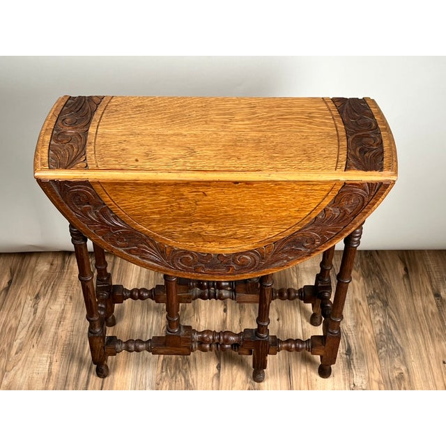 Late 19th Century Antique English Oak Carved Gateleg Occasional Table C. Late 19th Century For Sale - Image 5 of 10