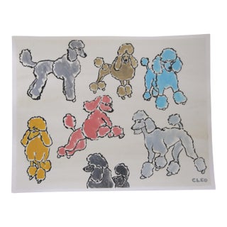 Dog Poodle Americana Surrealism Pop Art Yellow Gray Anitque White Blue Pink Original Painting by Cleo Plowden For Sale
