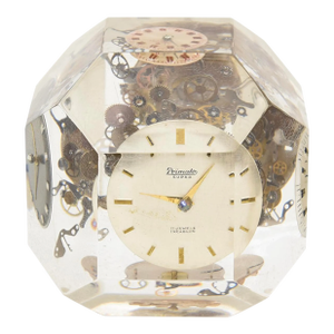 Vintage Pop Art Watch Parts Embedded Lucite and Brass Sculpture/ Paperweight
