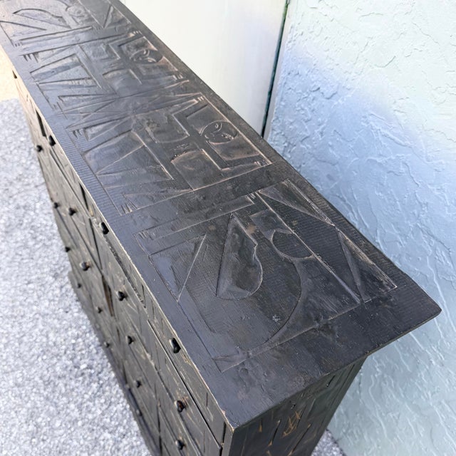 Mid 20th Century Vintage Wooden Hand Carved Tribal Apothecary Dresser For Sale - Image 5 of 9
