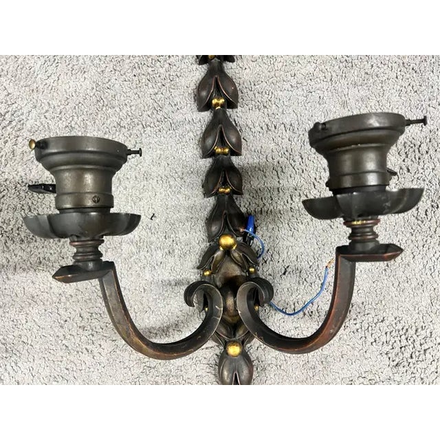 1930s Art Nouveau Two Arms Bronze W Frosted Milk Glass Shades Wall Sconce, a Set of 3 For Sale - Image 13 of 13