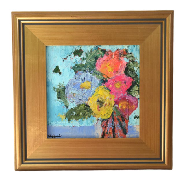 2020s Abstract Floral Bouquet Flowers Painting Including the Antiqued Gold Wood Frame For Sale - Image 5 of 5