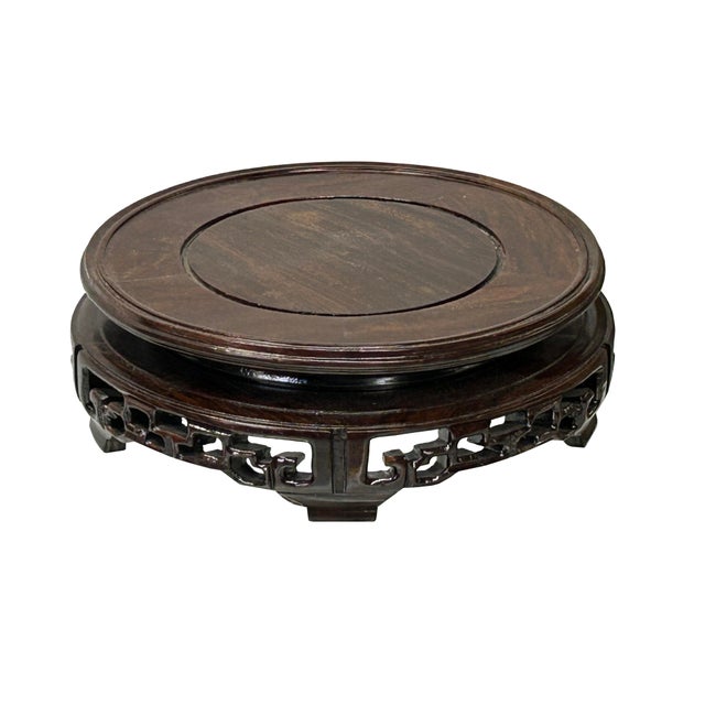 7.5" Oriental Brown Open Motif Wood Round Table Top Display Stand Riser For Sale - Image 4 of 6