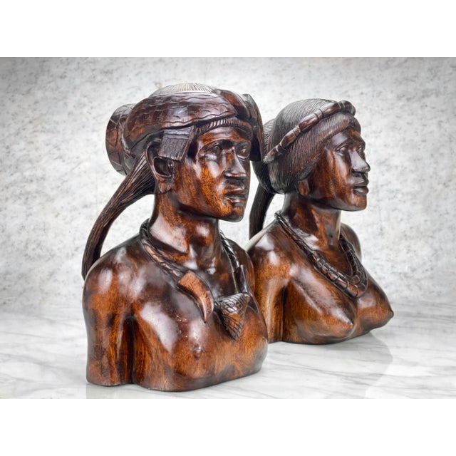 Vintage Balinese Tribal Figural Carved Mahogany Bust Sculptures - a Pair For Sale - Image 4 of 12