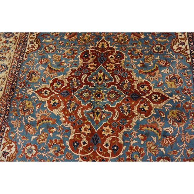 1940s Classic Blue Ground Medallion Vintage Isfahan Silk Foundation Carpet Rug For Sale - Image 4 of 9