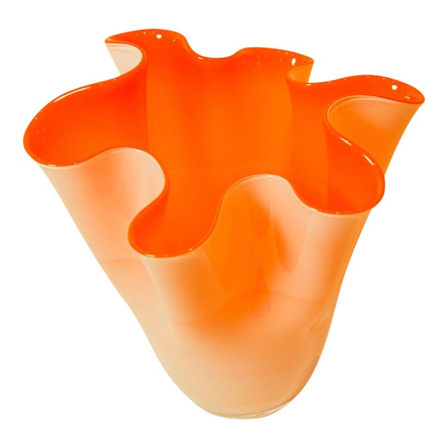 Italian Murano Style Vase Orange Freeform Handkerchief 1970s For Sale