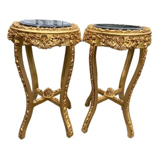 1990 French Louis XVI Pair Gilded Beech Black Marble Side Tables For Sale