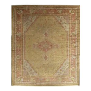 Antique Turkish Oushak Carpet, Handmade Oriental Rug, Gold, Coral, Green, Taupe