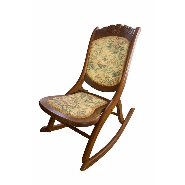 Antique Wooden Folding Rocking Chair with Floral Upholstery, 1920s For Sale - Image 6 of 6