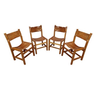 Vintage Chairs in Elm and Leather from Maison Regain, 1970, Set of 4 For Sale