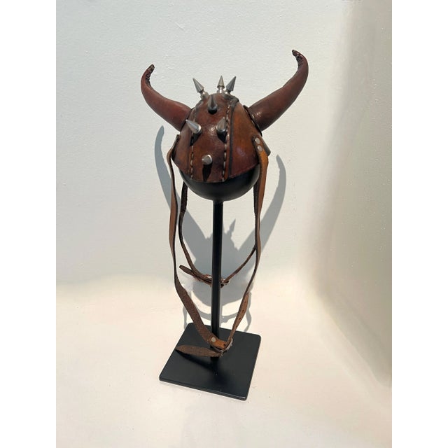 Leather Studded Helmet Mounted on Custom Iron Stand For Sale - Image 12 of 12