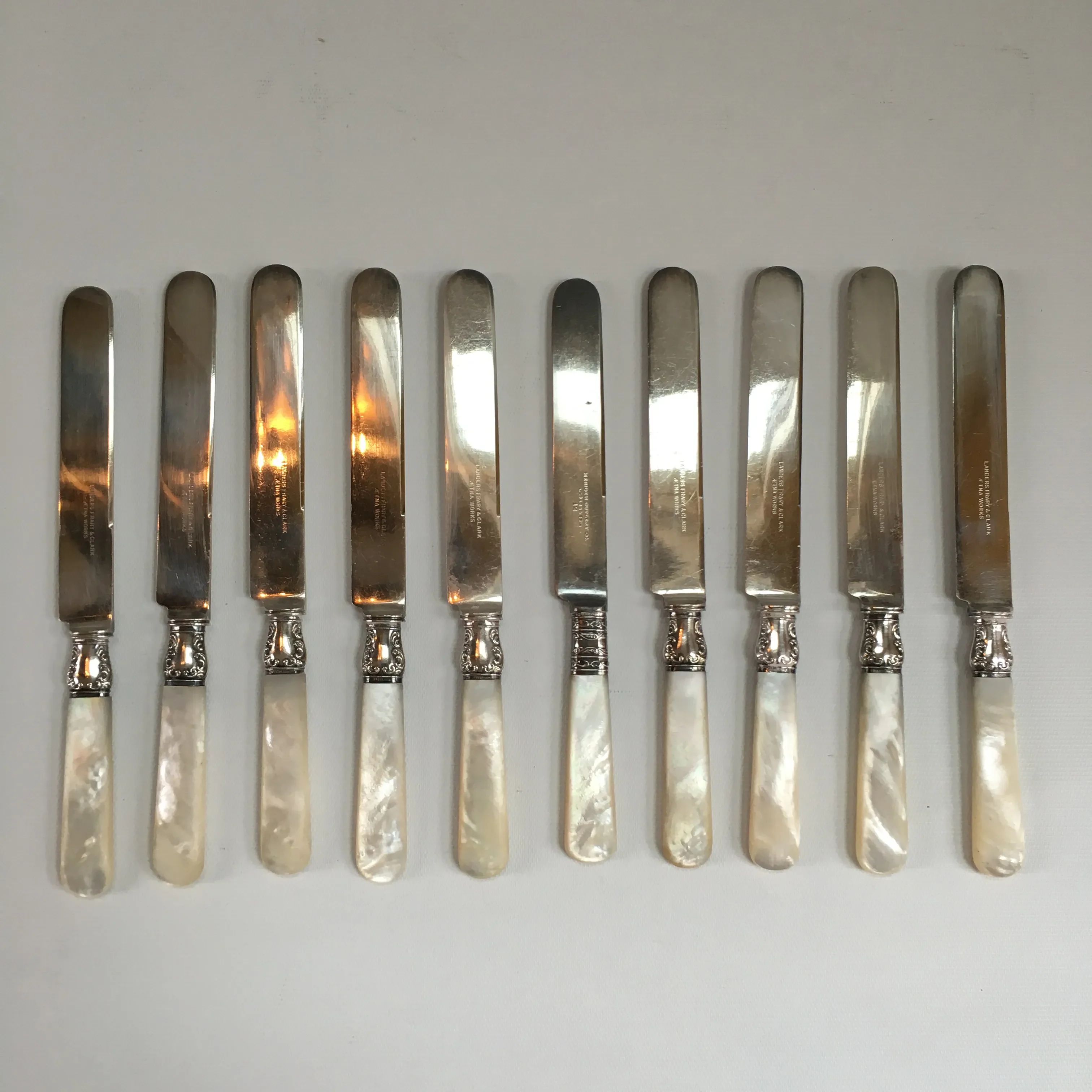 Antique English Sterling Silver Mother of Pearl Knives - Set of 10