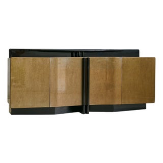 Vintage Italian Postmodern Enfilade Credenza in Black Lacquer + Birdseye Maple For Sale