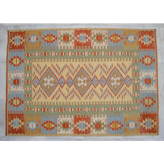 Hand Woven Super Fine Turkish Oushak Kilim Ultra Quality Flat Weave Wool Rug - 3′9″ × 5′4″ For Sale - Image 10 of 16