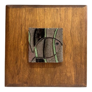Vintage Mid-Century Ceramic Fish Relief Sculpture on Wood Panel For Sale