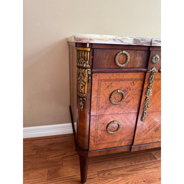 French 1930s French Louis XVI Style Marble Top Walnut Chest For Sale - Image 3 of 6