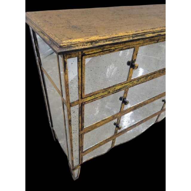 French Oversized Mirrored Scalloped Edge Gold Leaf French Style 3 Drawer Chests Commodes- A Pair For Sale - Image 3 of 17