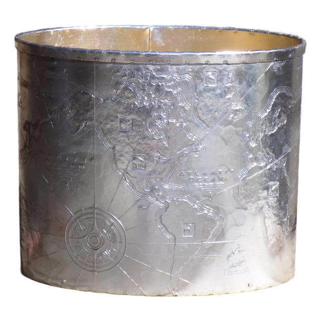 Vintage Arthur Armour Hammered Aluminum Mariners World Map Trash Can Wastebasket For Sale