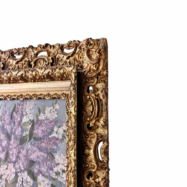 Gold Lilac Still-Life Oil Painting in Ornate Antique Gilt Frame by Alexandrov 1983 For Sale - Image 8 of 12