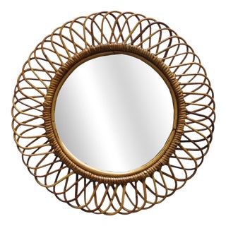 Round Rattan and Bamboo Wall Mirror attributed to Franco Albini, 1960s For Sale